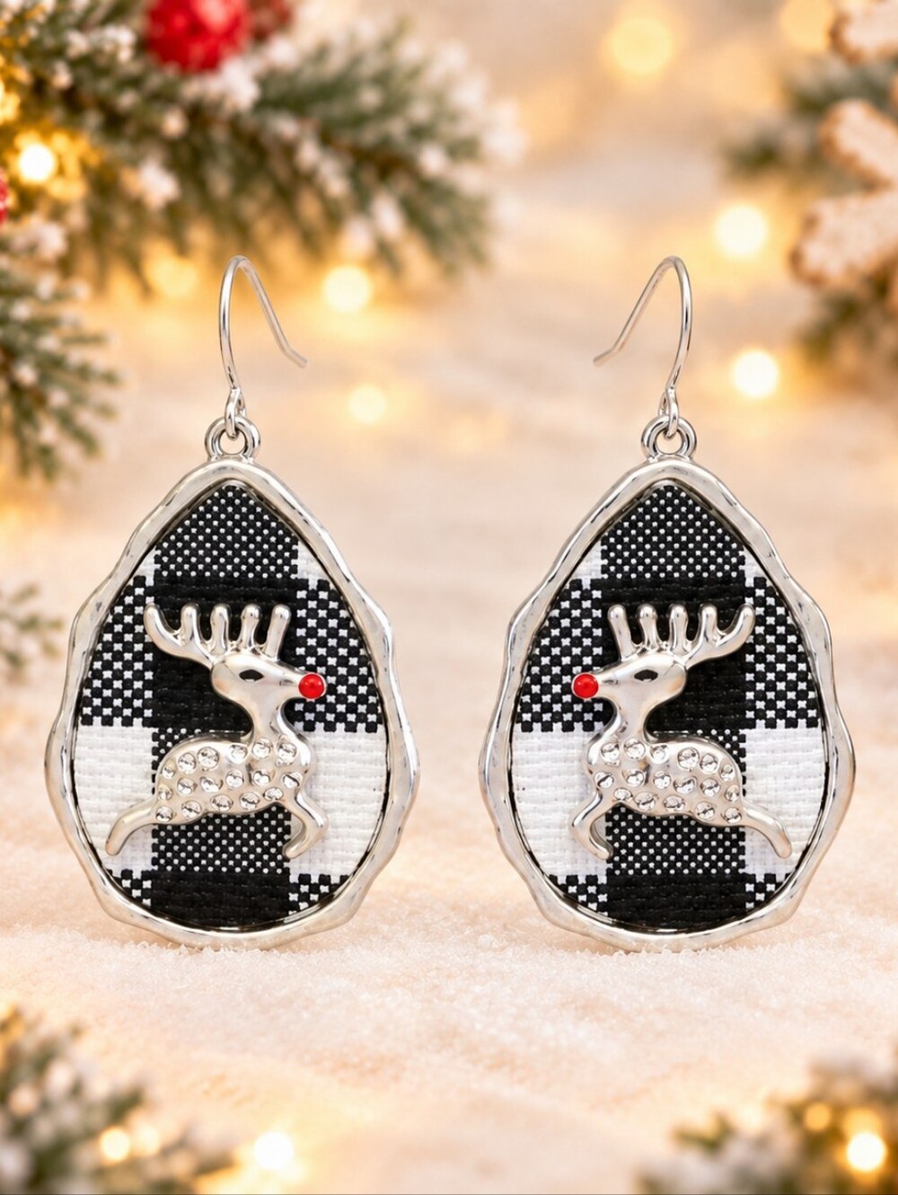 Rudolph Reindeer Earrings Black White Buffalo Plaid Lumberjack Christmas New